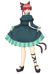 Rule 34 | 1girl, animal ears, ankle lace-up, bow, braid, cat ears, cat tail, cross-laced footwear, dress, green dress, hair bow, isaki (gomi), juliet sleeves, kaenbyou rin, long hair, long sleeves, looking at viewer, multiple tails, puffy sleeves, red eyes, red hair, smile, solo, tail, touhou, twin braids, two tails
