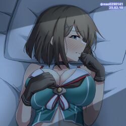 Rule 34 | 1girl, bed sheet, black gloves, blue eyes, blush, breasts, brown hair, closed mouth, collarbone, dated, gloves, hair ornament, kantai collection, large breasts, m.a.o, maya (kancolle), maya kai ni (kancolle), one-hour drawing challenge, pillow, short hair, solo, twitter username, uniform, upper body, x hair ornament