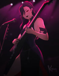 Rule 34 | 1girl, black hair, black lips, blurry, blurry background, breasts, choker, claw ring, commentary, dress, earrings, elezen, elf, english commentary, final fantasy, final fantasy xiv, guitar, hair over one eye, highres, hilda ware, holding, holding instrument, hybrid, hyur, instrument, jewelry, koyorin, long hair, medium breasts, microphone stand, music, playing instrument, pointy ears, ponytail, red eyes, ring, side slit, sleeveless, sleeveless dress, solo, two-sided dress, two-sided fabric