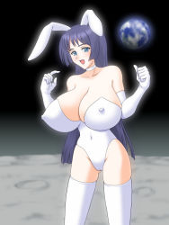 Rule 34 | animal ears, bare shoulders, blue eyes, blue hair, breasts, cleavage, covered erect nipples, earth (planet), elbow gloves, fake animal ears, gloves, huge breasts, long hair, moon, nipples, open mouth, oukazero, planet, playboy bunny, rabbit ears, skin tight, standing, thighhighs