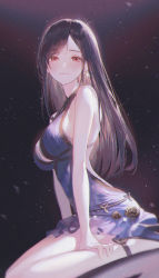 Rule 34 | 1girl, ankle strap, bare arms, bare shoulders, black background, black hair, blue dress, breasts, crescent, crescent earrings, dress, earrings, final fantasy, final fantasy vii, final fantasy vii remake, glint, highres, jewelry, long hair, looking at viewer, medium breasts, photoshop (medium), red eyes, short dress, sitting, sleeveless, sleeveless dress, smile, solo, square enix, sul ( 20sub), tifa lockhart, wariza