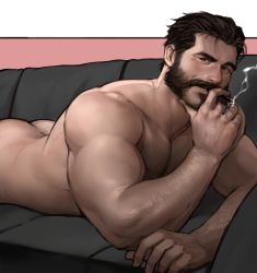 Rule 34 | 1boy, abs, ass, bara, beard, body hair, bulge, chest hair, cigar, completely nude, dopey (dopq), facial hair, graves (league of legends), highres, large pectorals, league of legends, looking at viewer, male focus, manly, muscular, nipples, nude, pectorals, simple background, smoking, solo, thick thighs, thighs, topless male