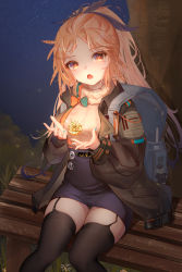 Rule 34 | 1girl, absurdres, arknights, backpack, bag, bag charm, black panties, black skirt, black thighhighs, blue nails, blush, charm (object), feather hair, feather hair ornament, feathers, feet out of frame, fireflies, floating, floating object, garter straps, glowing, hair ornament, high-waist skirt, highres, liu liaoliao, long hair, long sleeves, looking at viewer, mole, mole under eye, nail polish, name connection, night, object namesake, on bench, open mouth, orange hair, outdoors, panties, pantyshot, parted bangs, pinecone (arknights), ponytail, sitting, skirt, solo, sweater, thighhighs, tree, turtleneck, turtleneck sweater, underwear, upskirt, very long hair