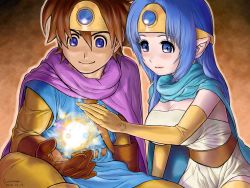 Rule 34 | 1boy, 1girl, bad id, bad pixiv id, blue eyes, blue hair, breasts, cape, chunsoft, circlet, cleavage, dragon quest, dragon quest iii, elbow gloves, enix, gloves, highres, large breasts, long hair, magic, pointy ears, roto (dq3), sage (dq3), surime-dq