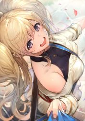 Rule 34 | 1girl, bandaid, bandaid on cheek, bandaid on face, bare shoulders, belt, blonde hair, blush, breasts, clothes pull, granblue fantasy, grey eyes, hair between eyes, halterneck, highres, kakage, large breasts, long hair, long sleeves, looking at viewer, monika weisswind, off-shoulder shirt, off shoulder, open mouth, petals, sheath, shirt, shirt pull, smile, solo focus, swept bangs, sword, twintails, weapon, white shirt