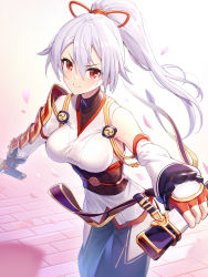 Rule 34 | &gt;:), 1girl, asymmetrical sleeves, blue pants, blurry, blurry foreground, blush, breasts, closed mouth, commentary request, depth of field, detached sleeves, fate/grand order, fate (series), fingerless gloves, gloves, hair between eyes, hair ribbon, high ponytail, highres, holding, holding sheath, holding sword, holding weapon, japanese clothes, katana, kimono, long hair, long sleeves, medium breasts, obi, pants, petals, ponytail, puffy pants, red eyes, red gloves, red ribbon, ribbon, ririko (zhuoyandesailaer), sash, sheath, silver hair, single detached sleeve, smile, solo, standing, sword, tomoe gozen (fate), uneven sleeves, unsheathed, v-shaped eyebrows, very long hair, weapon, white kimono, white sleeves