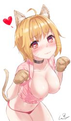 Rule 34 | 1girl, :3, ahoge, animal ears, blonde hair, blush, breasts, breasts out, cat ears, cat tail, cleavage, closed mouth, collar, collarbone, cowboy shot, crop top, facial mark, frills, hands up, heart, heart-shaped pupils, highres, large breasts, legs together, long hair, looking at viewer, navel, nipples, nose blush, original, paw pose, red eyes, short sleeves, simple background, smile, solo, symbol-shaped pupils, tail, thighs, very long hair, wet.elephant, whisker markings, white background