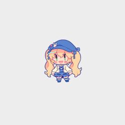 Rule 34 | 1girl, :d, blonde hair, blue dress, blue footwear, blue hat, blush stickers, chibi, coat, dokibird (vtuber), dress, green eyes, grey background, hat, heart, highres, indie virtual youtuber, lenacchi (lenacchiart), long sleeves, open mouth, second-party source, simple background, smile, solo, twintails, virtual youtuber, white coat, wide shot