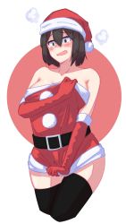 Rule 34 | 1girl, absurdres, akitsu maru (kancolle), black hair, black thighhighs, blush, breasts, christmas, cropped legs, dress, elbow gloves, gloves, hair between eyes, hat, highres, kantai collection, large breasts, loose clothes, mikei 222, open mouth, red gloves, santa costume, santa hat, short hair, simple background, solo, strapless, strapless dress, thighhighs, two-tone background
