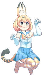 Rule 34 | 10s, 1girl, absurdres, alternate costume, animal ears, bare shoulders, blonde hair, blush, bow, bowtie, contemporary, elbow gloves, gloves, highres, initsukkii, kemono friends, multicolored hair, no shoes, paw pose, pleated skirt, school uniform, serafuku, serval (kemono friends), serval print, serval tail, short hair, skirt, solo, striped bow, striped bowtie, striped clothes, striped thighhighs, tail, thighhighs