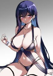 Rule 34 | 1girl, absurdres, bazooka cat, bikini, black bikini, blue hair, blush, bracelet, breasts, cleavage, collarbone, colored inner hair, commentary request, crossed bangs, earrings, facing viewer, forcas, hair between eyes, halterneck, hand up, highres, jewelry, large breasts, long bangs, long hair, looking ahead, multicolored hair, nail polish, necklace, parted lips, pearl bracelet, phantom of the kill, purple eyes, purple hair, purple nails, simple background, sitting, solo, sweat, swimsuit, thigh strap, very long hair