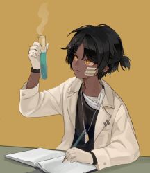 Rule 34 | 1boy, arknights, bandaid, black hair, black shirt, book, brown coat, coat, commentary request, dark-skinned male, dark skin, earclip, frown, gloves, highres, holding, holding test tube, jewelry, korean commentary, looking up, male focus, measuring, necklace, open book, parted lips, pencil, shirt, short hair, solo, table, test tube, thorns (arknights), undershirt, urchin104, white gloves, writing, yellow eyes