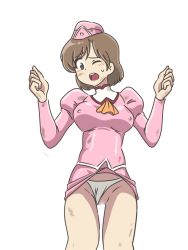 Rule 34 | 1girl, agent aika, aika (series), arms up, ascot, blush, breasts, brown hair, clothing aside, delmo, delmogeny uniform, dirty, dirty clothes, dirty face, garrison cap, hand in panties, hat, jacket, juliet sleeves, kuroyoshi, long sleeves, medium breasts, one eye closed, open mouth, orange ascot, panties, panties aside, pencil skirt, pink delmo, pink jacket, pink skirt, puffy sleeves, short hair, silhouette, skirt, solo, standing, underwear, uniform, vivian (agent aika), white background, white panties