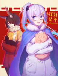 Rule 34 | 1girl, 2019, 2girls, :d, absurdres, animal, animal ears, black cat, black legwear, blue cape, blue eyes, brown-framed eyewear, brown hair, cape, capelet, cat, cat ears, character request, cloak, coat, dated, glasses, hair ornament, hair over one eye, hairclip, happy new year, highres, holding, holding animal, long sleeves, looking at viewer, multiple girls, nai (daiduolaoge), new year, open mouth, pig, ponytail, red background, scarf, smile, standing, sweater, white coat, yellow sweater