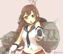 Rule 34 | &gt;:o, 10s, 1girl, :o, anchor symbol, bare shoulders, braid, brown hair, cannon, gloves, green eyes, kantai collection, looking at viewer, machinery, midriff, navel, necktie, no nose, noshiro (kancolle), sa ioio, solo, turret, twin braids, twitter username, v-shaped eyebrows, white gloves, you-1110