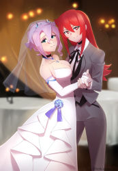 Rule 34 | 2girls, arikindows10, blurry, blurry background, breasts, chariot du nord, choker, croix meridies, dress, formal, green eyes, highres, holding hands, little witch academia, looking at viewer, multiple girls, purple hair, red eyes, red hair, suit, tagme, ursula callistis, wedding dress