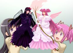 Rule 34 | 10s, 2girls, :d, akemi homura, akuma homura, black dress, black gloves, black hair, black wings, blush, bow (weapon), character doll, creator connection, dress, feathered wings, flying sweatdrops, gloves, gradient background, hair ribbon, hairband, kaname madoka, lips, long hair, mahou shoujo madoka magica, mahou shoujo madoka magica: hangyaku no monogatari, multiple girls, open mouth, pink eyes, pink hair, puppet, red ribbon, ribbon, sca jam, school uniform, short twintails, smile, spoilers, thunderbolt fantasy, twintails, two side up, ultimate madoka, upper body, urobuchi gen, weapon, white dress, white gloves, wings