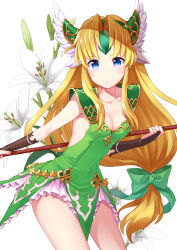 Rule 34 | 1girl, armor, blonde hair, blue eyes, bow, breasts, bridal gauntlets, cleavage, closed mouth, coconat summer, collarbone, dress, flower, forehead jewel, frown, green bow, green dress, hair bow, hair intakes, highres, holding, holding polearm, holding spear, holding weapon, leaf, legs apart, lily (flower), long hair, looking at viewer, low-tied long hair, multicolored eyes, no bra, pauldrons, pink eyes, polearm, riesz, seiken densetsu, seiken densetsu 3, shoulder armor, sidelocks, small breasts, solo, spear, very long hair, weapon, white background, white flower