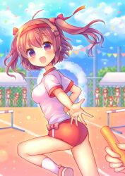 Rule 34 | 6+girls, :d, ahoge, ass, blue sky, blush, breasts, brown footwear, brown hair, buruma, coa (chroo x), day, from behind, gym uniform, hair ornament, hairband, hairclip, holding, knee up, looking at viewer, looking back, medium breasts, moe2017, multiple girls, open mouth, original, outdoors, outstretched arm, pennant, pov, pov hands, purple eyes, rabbit hair ornament, relay baton, relay race, running, shirt, shoes, short sleeves, sky, smile, sneakers, socks, solo focus, tareme, thighs, two side up, white legwear, white shirt, x hair ornament