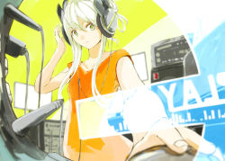 Rule 34 | 1girl, amplifier, bad id, green eyes, headphones, highres, holographic monitor, looking at viewer, minamito, mouse (computer), original, pov, white hair, yellow background