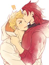 Rule 34 | 2boys, blonde hair, blush, couple, closed eyes, kissing forehead, granblue fantasy, green eyes, hands on another&#039;s hips, hood, hooded jacket, hug, jacket, kiss, kissing forehead, male focus, multiple boys, one eye closed, ono (0 no), open mouth, percival (granblue fantasy), red hair, red jacket, short hair, simple background, upper body, vane (granblue fantasy), white jacket, yaoi