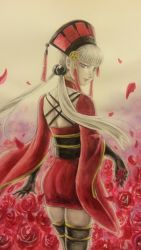 Rule 34 | 00, 00 (sp ephemeral), 1girl, bad id, bad pixiv id, delphine eraclea, flower, gloves, hat, last exile, painting (medium), petals, red flower, red rose, rose, rose petals, skirt, solo, traditional media, twintails, watercolor (medium)