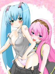 Rule 34 | 2girls, :p, aqua hair, bare shoulders, blue eyes, blush, breasts, clothes pull, covered erect nipples, female masturbation, fingering, green eyes, hand in panties, hatsune miku, highres, licking, long hair, masturbation, megurine luka, multiple girls, open clothes, open shirt, panties, pink hair, satomi (pixiv), shirt, skirt, skirt pull, small breasts, tongue, tongue out, twintails, underwear, very long hair, vocaloid, yuri