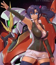 Rule 34 | 1girl, 2019, amania orz, armpits, bare shoulders, black hair, blue eyes, breasts, cleavage, dark-skinned female, dark skin, dated, detached sleeves, green eyes, gundam, looking ahead, looking away, mecha, medium breasts, aged up, outstretched arm, phoenix gundam, rachel ransom, robot, sd gundam g-generation, short shorts, shorts, side ponytail, skindentation, sleeves past wrists, solo, thighhighs, thighs, twitter username, v-shaped eyebrows, zettai ryouiki