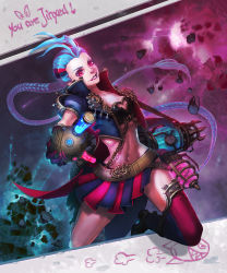 Rule 34 | 1girl, athena-erocith, braid, grin, highres, jinx (league of legends), league of legends, lipstick, long hair, makeup, midriff, multicolored hair, navel, pink eyes, skirt, smile, solo, steampunk, twin braids, very long hair