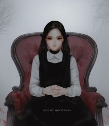 Rule 34 | 1girl, aoi ogata, armchair, artist name, black choker, black dress, black hair, chair, choker, closed mouth, collared shirt, commentary, dress, dress shirt, english commentary, forehead, grey background, highres, interlocked fingers, long hair, looking at viewer, on chair, original, own hands together, red eyes, red lips, shirt, sitting, sleeveless, sleeveless dress, solo, twintails, white shirt