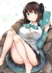 Rule 34 | &gt;:), 1girl, aqua bow, aqua bowtie, aqua eyes, aqua jacket, bare legs, barefoot, black skirt, blush, bow, bowtie, breasts, brown hair, button gap, cleavage, closed mouth, collared shirt, commentary request, cushion, headphones, headphones around neck, highres, hiromaster sinta jh, jacket, knees up, korean commentary, large breasts, long sleeves, looking at viewer, lying, miniskirt, nintendo switch, on back, one side up, open clothes, open jacket, original, plaid, plaid skirt, pleated skirt, shirt, short hair, skirt, smile, v-shaped eyebrows, white shirt