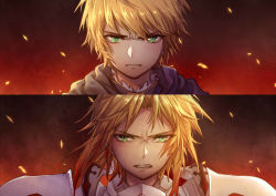 Rule 34 | 1boy, 1girl, angry, armor, arsh (thestarwish), arthur pendragon (fate), black background, blonde hair, blue scarf, braid, breastplate, brown background, closed mouth, commentary, fate/grand order, fate (series), frown, gradient background, green eyes, highres, looking at viewer, male focus, medium hair, messy hair, mordred (fate), mordred (fate/apocrypha), no headwear, orange background, parted bangs, pauldrons, portrait, red background, scarf, short hair, shoulder armor, shoulder plates, teeth, upper body