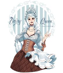 Rule 34 | 1girl, choker, copyright name, corset, crown, dairy queen, dress, hand on own hip, highres, jewelry, looking at viewer, necklace, ozumii, personification, sidelocks, simple background, solo, tiara, waving, white background, white hair