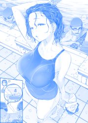 Rule 34 | 1girl, 2boys, anger vein, blue theme, boat, breasts, check commentary, comic, commentary, commentary request, from above, getsuyoubi no tawawa, goggles, half-closed eyes, hand on own head, heavy breathing, himura kiseki, large breasts, looking at viewer, messy hair, monochrome, multiple boys, one-piece swimsuit, open mouth, pool, short hair, silent comic, solo focus, standing, swim cap, unworn swim cap, swimsuit, watercraft, wet
