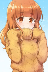 Rule 34 | 1girl, blue background, blunt bangs, blush, brown eyes, brown sweater, closed mouth, commentary request, girls und panzer, gradient background, highres, long hair, long sleeves, looking at viewer, nagomiya (shousha), orange hair, sleeves past wrists, smile, solo, sweater, takebe saori