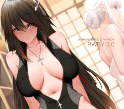 Rule 34 | 2girls, aged up, black hair, blurry, blurry background, breasts, cleavage, closed mouth, commentary, cross, cross necklace, dishwasher1910, english commentary, flower, grey eyes, hair between eyes, hair bun, hair ornament, highres, jewelry, large breasts, leotard, long hair, looking at viewer, multicolored hair, multiple girls, navel, necklace, ruby rose, rwby, sidelocks, single hair bun, skin tight, streaked hair, thighs, very long hair, weiss schnee, white hair