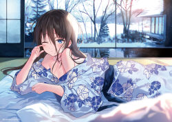 Rule 34 | 1girl, bare shoulders, bare tree, black hair, blue eyes, blue kimono, blush, closed mouth, commentary request, floral print, futon, hair between eyes, hair down, hanekoto, indoors, japanese clothes, kimono, long hair, long sleeves, looking at viewer, lying, messy hair, morning, off shoulder, on stomach, one eye closed, original, reflection, reflective floor, solo, tears, tree, waking up, wide sleeves, winter, wiping tears