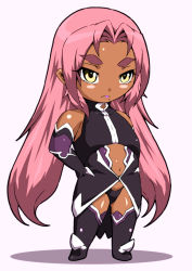 Rule 34 | 00s, 1girl, alternate breast size, bare shoulders, black footwear, black gloves, black panties, black thighhighs, blush stickers, boots, breasts, chibi, clothing cutout, dark-skinned female, dark skin, donson, dress, elbow gloves, eyebrows, eyes visible through hair, frown, full body, g-string, gloves, groin, hair intakes, halterneck, hands on own hips, ingrid (taimanin asagi), ingrid (taimanin murasaki), lipstick, long hair, looking to the side, makeup, mole, mole under mouth, navel, navel cutout, panties, pink hair, purple lips, serious, shadow, short eyebrows, sidelocks, simple background, small breasts, solo, standing, string panties, taimanin (series), taimanin asagi, taimanin murasaki, thick eyebrows, thigh boots, thighhighs, thong, turtleneck, underwear, very long hair, white background, yellow eyes