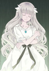 Rule 34 | 1girl, black ribbon, closed eyes, commentary request, crossed arms, dress, ender lilies quietus of the knights, enodin, grey hair, hair ornament, highres, jewelry, lily (ender lilies), long hair, necklace, pendant, rain, ribbon, solo, wavy hair, white dress