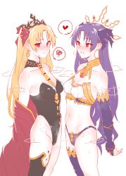 Rule 34 | 2girls, absurdres, armlet, asymmetrical legwear, asymmetrical sleeves, black leotard, blonde hair, breasts, cape, commentary request, crown, earrings, ereshkigal (fate), fate/grand order, fate (series), highres, hoop earrings, ishtar (fate), jewelry, kagto (alterna), leotard, medium breasts, multiple girls, neck ring, red cape, red eyes, simple background, single thighhigh, standing, strapless, strapless leotard, thighhighs, tiara, two side up, uneven legwear, uneven sleeves, white background