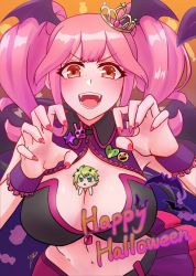 Rule 34 | 2girls, breasts, chibi, claw pose, cleavage, commentary, english commentary, fangs, green hair, halloween, head wings, highres, janstalker, large breasts, looking at viewer, macross, macross delta, makina nakajima, multiple girls, nail polish, orange eyes, pink hair, reina prowler, twintails, v-shaped eyebrows, wings