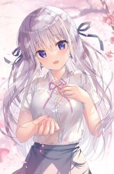 Rule 34 | 1girl, bloom, cherry blossoms, commentary request, cowboy shot, earrings, falling petals, grey hair, hair between eyes, hair ribbon, half updo, hanahanamaki, hand on own chest, head tilt, highres, hiiraki asuka, jewelry, long hair, looking at viewer, mole, mole under eye, open mouth, partially unbuttoned, petals, purple eyes, ribbon, shirt, short sleeves, skirt, smile, solo, sousouman, twinbox school, white shirt