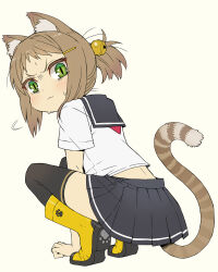 Rule 34 | 1girl, :3, animal ears, boots, brown hair, cat ears, cat girl, cat tail, green eyes, highres, itou (onsoku tassha), original, ponytail, rubber boots, school uniform, serafuku, simple background, solo, squatting, sweat, tail, thighhighs