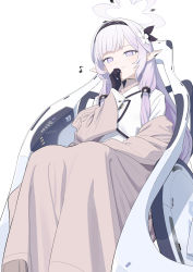Rule 34 | 1girl, black gloves, blue archive, blush, commentary, flower, gloves, hair flower, hair ornament, hair tubes, hairband, halo, highres, himari (blue archive), light purple hair, long hair, long sleeves, looking at viewer, mole, mole under eye, musical note, pointy ears, powered wheelchair, purple eyes, simple background, sitting, solo, very long hair, wasabi60, wheelchair, white background, white flower, wide sleeves