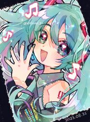 Rule 34 | 1girl, ahoge, blue hair, blue nails, blush, collared shirt, dated, detached sleeves, doradorakingyo, eyelashes, fang, grey shirt, hair between eyes, hatsune miku, heart, heart in eye, highres, long hair, looking at viewer, musical note, nail polish, number tattoo, open mouth, shirt, shoulder tattoo, solo, symbol in eye, tattoo, twintails, vocaloid