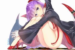 Rule 34 | 1girl, bb (fate), bb (fate) (all), bb (swimsuit mooncancer) (fate), bb (swimsuit mooncancer) (third ascension) (fate), blush, breasts, cape, closed mouth, detached collar, fate (series), full body, gloves, hair ribbon, hato haru, high heels, large breasts, lips, long hair, long sleeves, looking at viewer, naked cape, purple eyes, purple hair, red footwear, red ribbon, ribbon, simple background, sitting, sleeves past wrists, smile, solo, twitter username, very long hair, white background, white gloves