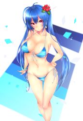 Rule 34 | 1girl, bikini, blue hair, bracelet, breasts, cleavage, collarbone, earrings, flower, frofrofrost, front-tie bikini top, front-tie top, groin, hair flower, hair ornament, hand on own hip, hibiscus, highres, jewelry, large breasts, long hair, looking at viewer, navel, phantasy star, phantasy star online 2, pink eyes, red flower, side-tie bikini bottom, simple background, solo, swimsuit, very long hair, white background