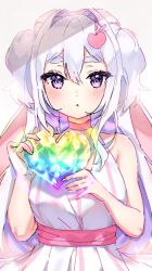 Rule 34 | 1girl, :o, animal ears, bare arms, bare shoulders, blush, breasts, cheli (kso1564), commentary request, dress, gem, gradient background, grey background, hair between eyes, hair intakes, hair ornament, hands up, heart, heart hair ornament, highres, holding, holding heart, long hair, looking at viewer, medium breasts, original, parted lips, purple eyes, rabbit ears, short eyebrows, silver hair, sleeveless, sleeveless dress, solo, striped clothes, striped dress, thick eyebrows, two side up, vertical-striped clothes, vertical-striped dress, very long hair, white background, white dress