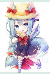 Rule 34 | 1girl, animal ears, arm up, azur lane, blue dress, blue eyes, blue hair, braid, braided ponytail, chibi, commentary request, dress, eating, food, full body, hand on headwear, hand to own mouth, hat, kabocha usagi, long hair, loose thighhigh, low-tied long hair, mikazuki (azur lane), open mouth, ponytail, ribbon, school hat, short dress, solo, squirrel ears, squirrel tail, striped clothes, striped thighhighs, tail, taiyaki, thighhighs, very long hair, wagashi, yellow hat