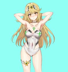 Rule 34 | 1girl, alternate costume, aqua background, armpits, arms up, athenawyrm, bare shoulders, blonde hair, blush, breasts, cleavage, covered navel, hands in hair, jewelry, long hair, looking at viewer, medium breasts, mythra (radiant beach) (xenoblade), mythra (xenoblade), necklace, nintendo, nose blush, one-piece swimsuit, simple background, solo, standing, swimsuit, tiara, xenoblade chronicles (series), xenoblade chronicles 2, yellow eyes